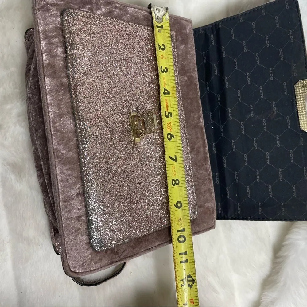 Aldo rose gold glitter &light brown velvet satchel/shoulder bag gold tone accent